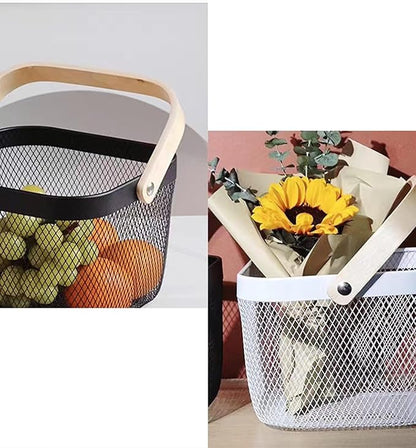 Metal Mesh Wire Basket, Large Steel Basket with Wooden Handle Storage Organizer Basket Multi-functional Hanging Kitchen Baskets Fruit Baskets for Kitchen Bathroom Cabinet Pantry Snacks, White