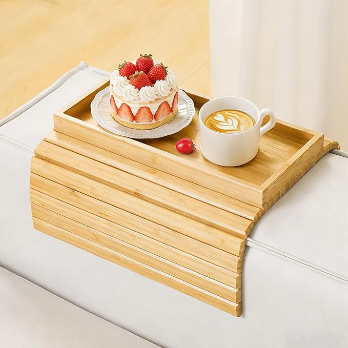 Couch Arm Tray, Bamboo Sofa Tray Table for Couch, Sofa Armrest Table, Anti-Slip Armrest Organizer, Foldable Couch Cup Holder for Snacks, Phone, Control, Cups, Natural