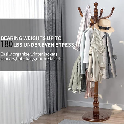 Wood Coat Rack, Heavy Duty Coat Rack Freestanding with 11 Smooth Hooks, Vintage Coat Tree, Clothes Hanger Stand with Stable Disc Base for Entryway, Bedroom (Walnut Brown)