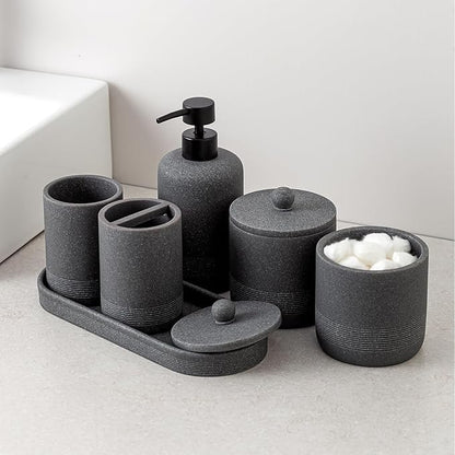 Haocoott Bathroom Accessories Set, 6 PCS Modern Bathroom Accessory Set with 15 OZ Soap Dispenser, Toothbrush Holder, Vanity Tray, Tumbler, 2 PCS Qtip Holders (Grey)