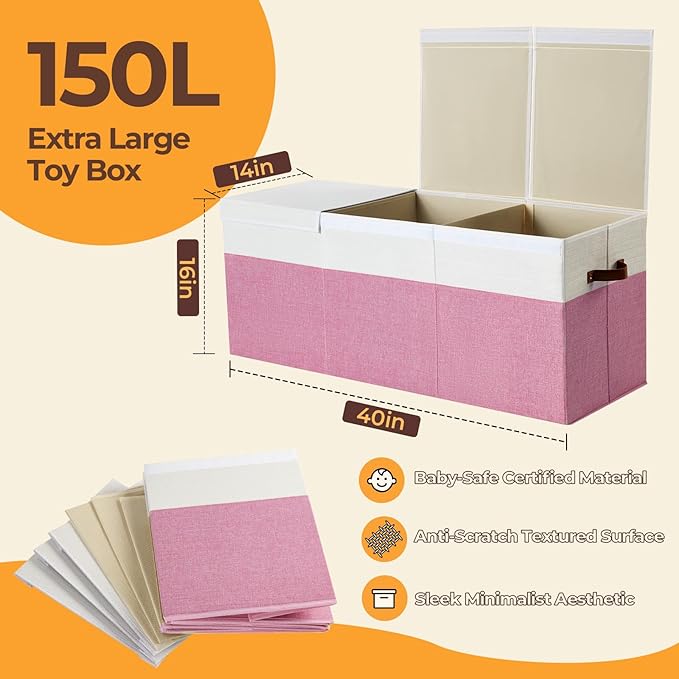 Extra Large Toy Box,150L Foldable Sturdy Toy Storage with Lid,40"x14"x16" Kids Storage Organizer,Toy Chest for Boys&Girls,for Nursery,Bedroom,Playroom,Living Room,Large Capacity Toybox(Pink)