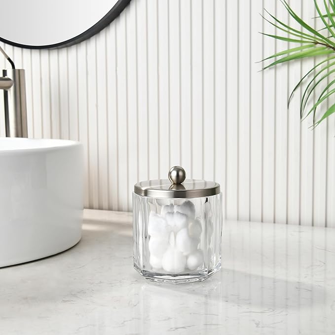 Indecor Home Clear Transparent Apothecary Octagional Shaped Glass Canister Jar With Satin Nickel Metal Lid Cover for Bathroom Organization, Cotton Balls, Q Tips, and Small Accessories, Bath Storage