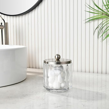 Indecor Home Clear Transparent Apothecary Octagional Shaped Glass Canister Jar With Satin Nickel Metal Lid Cover for Bathroom Organization, Cotton Balls, Q Tips, and Small Accessories, Bath Storage