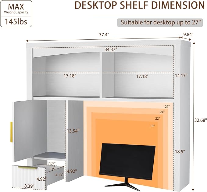Desktop Shelf, Wooden Desk Hutch with Storage, Desktop Bookshelf with Cabinet and Drawer, Office Desk Organizer, Space-Saving Organization, Over Desk Storage Shelves for Home, Dorm, White