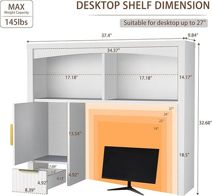 Desktop Shelf, Wooden Desk Hutch with Storage, Desktop Bookshelf with Cabinet and Drawer, Office Desk Organizer, Space-Saving Organization, Over Desk Storage Shelves for Home, Dorm, White