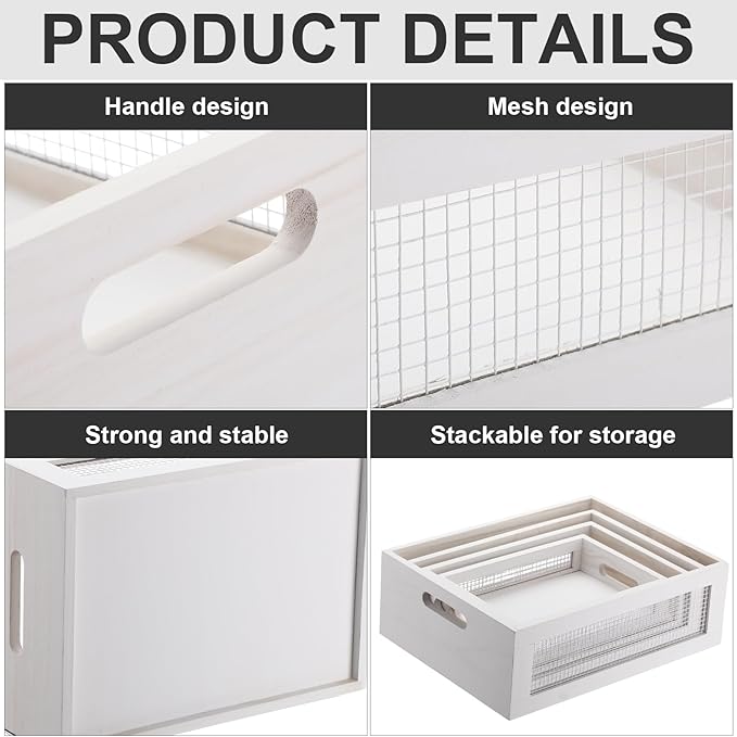 4 Pcs Wooden Nesting Countertop Baskets 4 Size Wooden Storage Box with Handle and Metal Wire Multipurpose Wood Organizer Crate for Fruit Vegetable Kitchen Cabinet Bathroom(White,Small)