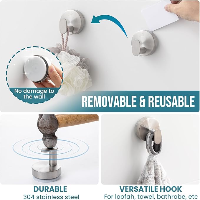 TAILI 304 Stainless Steel Bathroom Suction Hooks for Towel, Bathrobe, Loofah, No Damage Hanging Glass Shower Wall Hook, Patented Strong Suction Cup Holder, Hold Up to 11 Lbs, 2 Pack, Silver