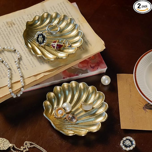 NIKKY HOME Vintage Gold Ring Holder Jewelry Dish Set of 2, Shell Shaped Trinket Display Decorative Metal Tray Classy Birthday Christmas Gifts for Women