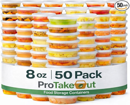 ProTakeOut 8oz [50 set] Heavy Duty Plastic Deli Container | BPA-Free Food Storage with Airtight Leak‑Proof Lids | Microwave, Freezer & Dishwasher Safe – Stackable, Bulk Reusable Soup & Meal Prep Tub