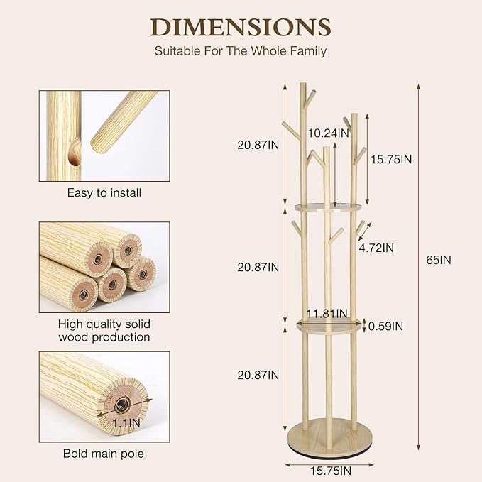 Wood Coat Rack with 3 Shelves and 9 Hooks, Freestanding Rotary Coat Tree for Entryway, Bedroom, Living Room, Hallway – Holds Jackets, Coats, Hats, Bags (Natural)