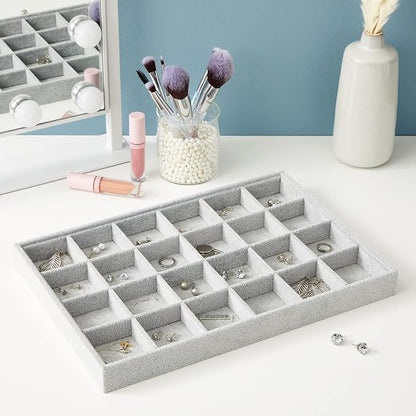 Juvale Velvet Jewelry Organizer Tray - Earring Tray Insert with 24 Compartments - Stackable Jewelry Drawer Organizer - Includes Bracelet Holder Slots - Gray, 14 x 10 in