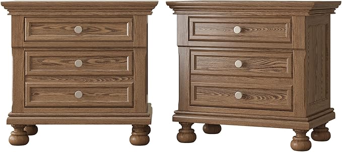 AMERLIFE Fully Assembled Nightstand Set of 2, Solid Wood End Table with 2 Storage Drawers, 26" Extra Large Traditional Bedside Cabinet for Bedroom, Light Brown