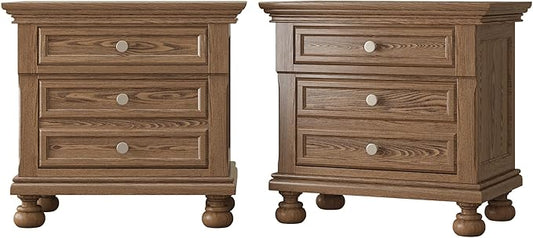 AMERLIFE Fully Assembled Nightstand Set of 2, Solid Wood End Table with 2 Storage Drawers, 26" Extra Large Traditional Bedside Cabinet for Bedroom, Light Brown