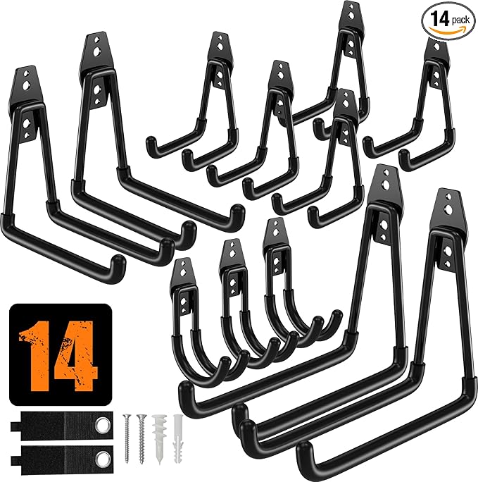 QcoQce 14 Pack Garage Hooks Heavy Duty with 2 Extension Cord Straps,Garage Storage Hooks, Wall Mount Hooks, Garage Organization and Tool Hangers for Bike, Ladder, Ropes and Garden Tools