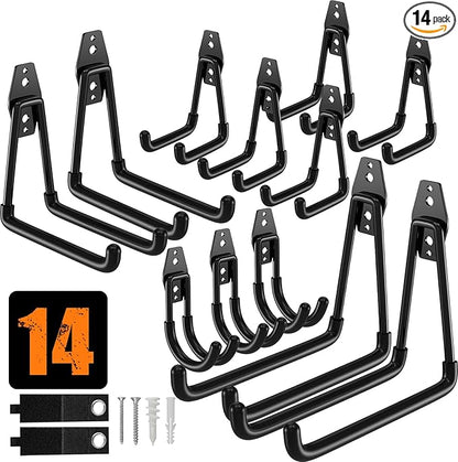 QcoQce 14 Pack Garage Hooks Heavy Duty with 2 Extension Cord Straps,Garage Storage Hooks, Wall Mount Hooks, Garage Organization and Tool Hangers for Bike, Ladder, Ropes and Garden Tools