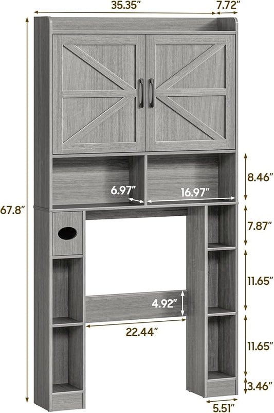 Over The Toilet Storage Cabinet, Farmhouse Toilet Cabinet Rack with Barn Doors, Space Saving Bathroom Organizer with Shelves, Toilet Paper Holder and Towel Rack for Bathroom,Restroom,Laundry,Wash Grey