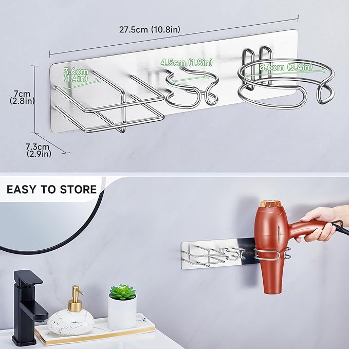 Oukimly Blow Dryer Holder Wall Mounted Curling Iron Holder, 3 in 1 Hair Tool Organizer for Straightener, Curling Iron, Hair Dryer Holder Adhesive Flat Irons Storage for Bathroom Barber Shop (Silver)