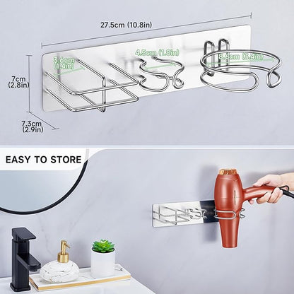 Oukimly Blow Dryer Holder Wall Mounted Curling Iron Holder, 3 in 1 Hair Tool Organizer for Straightener, Curling Iron, Hair Dryer Holder Adhesive Flat Irons Storage for Bathroom Barber Shop (Silver)