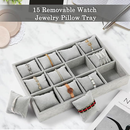 Polmart Stackable 12-Grid Jewelry Tray with Pillow, Gray Velvet (2-Pack)