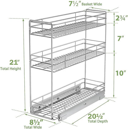 Pull Out Spice Rack Cabinet Organizer 8½" W x 20½" D, 3 Tier Heavy Duty Sliding Spice Cabinet Organization for Narrow Cabinet, Pull Out Shelves for Kitchen