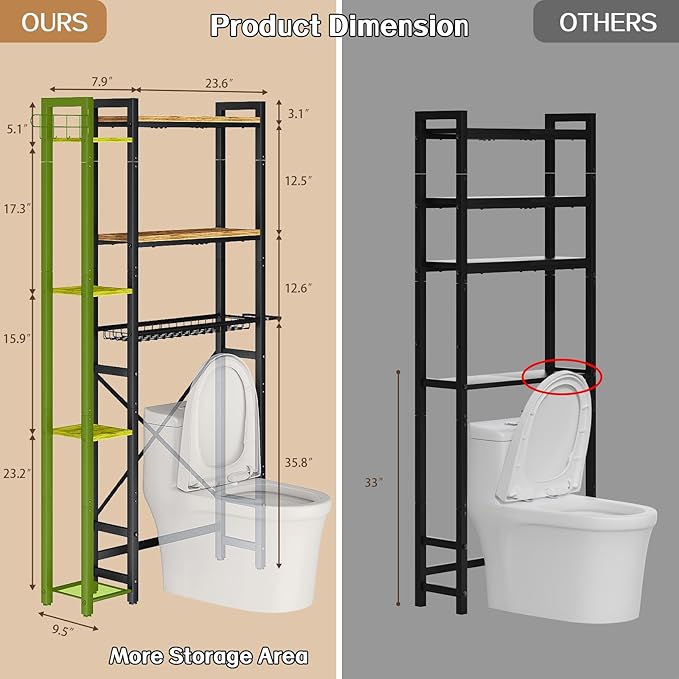 Insdiy Over The Toilet Storage with Side Shelf, 7 Tier Bathroom Organizer Rack with Paper Holder, Hooks and Basket, Freestanding Above Toilet Shelf for Laundry, Quick Interlock Install (Vintage Brown)