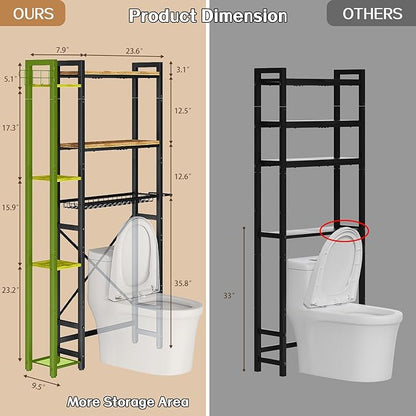 Insdiy Over The Toilet Storage with Side Shelf, 7 Tier Bathroom Organizer Rack with Paper Holder, Hooks and Basket, Freestanding Above Toilet Shelf for Laundry, Quick Interlock Install (Vintage Brown)