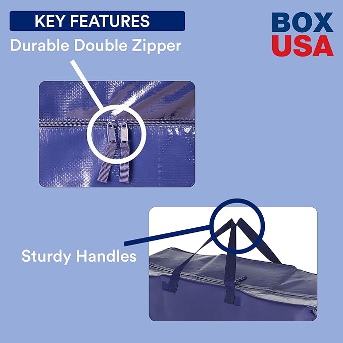 BOX USA 6 Pack Extra Large Blue Moving Bags with Handles & Zippers | Heavy Duty Storage Totes, Packing, Dorm Room Essentials & College Space Saving