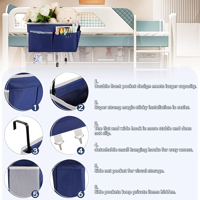 Frjjthchy Bedside Storage Organizer 5 Pockets with 4 Hooks Hanging Storage Bag for Headboards/Bunk Bed (2Pack Dark Blue)