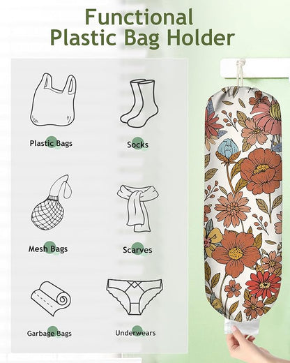 Plastic Bag Holder Organizer - 1 Pack Reusable Canvas Grocery Bags Holder Hanging Wall Cute Aesthetic Shopping Bag Storage Dispenser with Drawstring Closure for Kitchen Home, Retro Flower