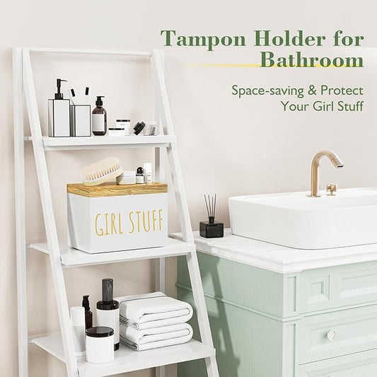 Tampon Holder for Bathroom with Hinged Lid, Feminine Product Organizer, Bathroom Period Products, Toilet Organizer, Bathroom Accessories Box for Girl Stuff (White)