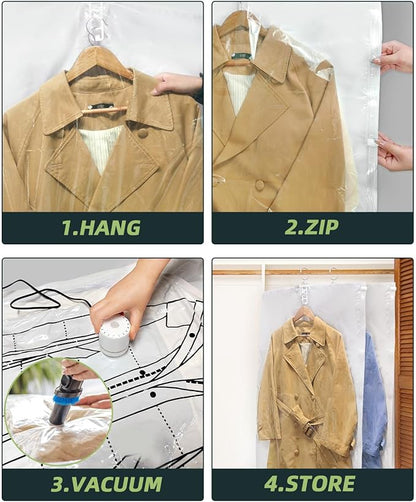 Colemoly Hanging Vacuum Storage Bags for Clothes Coats 6 Pack 49x27.6 Inches Space Saver Hanging Storage Vacuum Sealed Reusable Compressed for Suits, Dress, Jackets