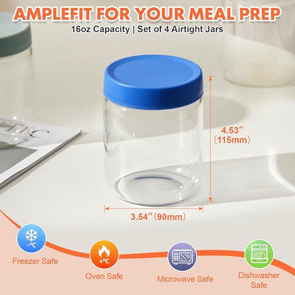 Premium 16oz Borosilicate Glass Jars With Airtight Lids (4 Pack) - Freezer, Oven, Microwave & Dishwasher Safe - Wide Mouth Meal Prep Containers For Pantry Storage, Soups & Overnight Oats