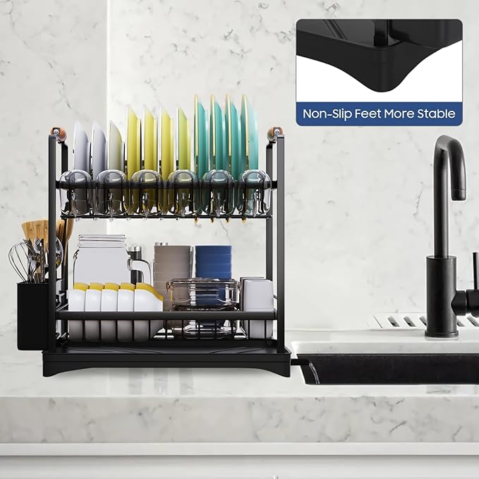 PXYHMUS 2-Tier Large Dish Drying Rack for Kitchen Counter with Drainboard and Cutlery Holder, 2 Tier Dish Drying Rack, Black,16.54" D x 11.81" W x 17.71" H
