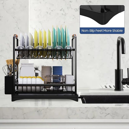 PXYHMUS 2-Tier Large Dish Drying Rack for Kitchen Counter with Drainboard and Cutlery Holder, 2 Tier Dish Drying Rack, Black,16.54" D x 11.81" W x 17.71" H