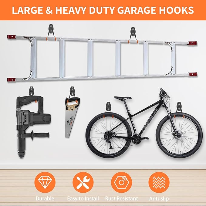 ENUODA Large Garage Hooks Heavy Duty - Ladder Hanger Garage Wall Storage Hooks for Hanging Garden Tools, Power Tools, Bike, Extension Cord, Hose, Chair, Bulk Items, 6 Pack (5.1 Inch)