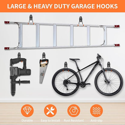 ENUODA Large Garage Hooks Heavy Duty - Ladder Hanger Garage Wall Storage Hooks for Hanging Garden Tools, Power Tools, Bike, Extension Cord, Hose, Chair, Bulk Items, 6 Pack (5.1 Inch)