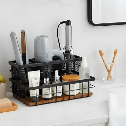 AceOrbit 1 Pcs Hair Tool Organizer Countertop Breathable Metal & Bamboo Hot Tools Organizer Under Sink Bathroom Hair Dryer Holder Countertop Brush Comb Holder,makeup tray (Koa Wood,Black)