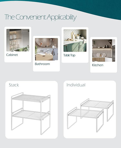2Pack Kitchen Cabinet Shelf Counter Organizer Rack Pantry Storage Bathroom Bedroom Office Table Desk Space Saving Stackable Rust Resistant Non Slip White Wide L13.1in W10.6in H7.3in