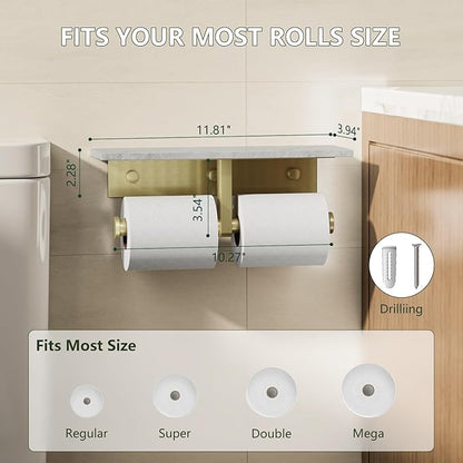 Marble Toilet Paper Holder with Shelf,Doulble Bathroom Tissue Roll Holder,304 Stainless Steel Toilet Paper Holder Wall Mounted,Modern Tissue Holder for Bathroom Washroom,Brushed Gold