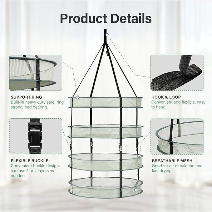 iPower 2 Feet 4 Layer Herb Drying Rack Hanging Foldable Dry Net with Heavy Duty Rings and Carrying Bag, for Plants, Seeds, and Buds, Green