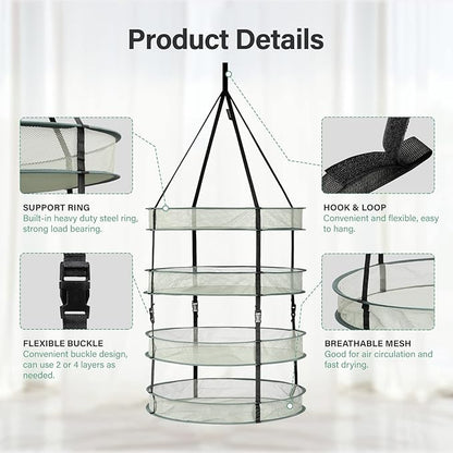 iPower 2 Feet 4 Layer Herb Drying Rack Hanging Foldable Dry Net with Heavy Duty Rings and Carrying Bag, for Plants, Seeds, and Buds, Green