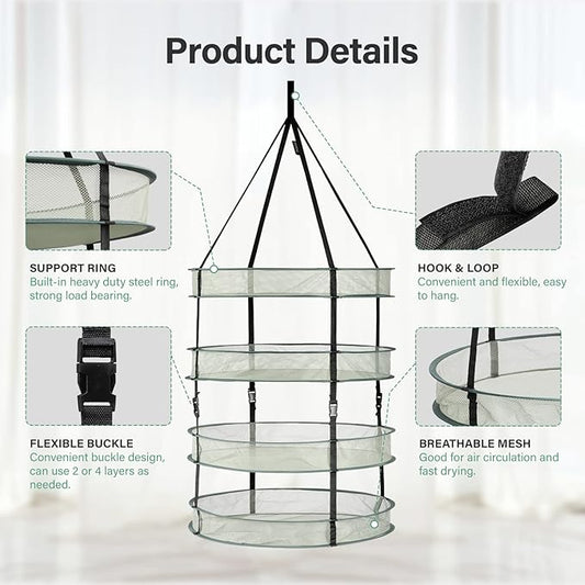 iPower 2 Feet 4 Layer Herb Drying Rack Hanging Foldable Dry Net with Heavy Duty Rings and Carrying Bag, for Plants, Seeds, and Buds, Green