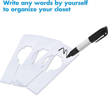 30 PCS Rectangular White Plastic Closet Dividers with a Bonus Marker, Writable and Reusable for Sorting Clothing Size, Color, Size 2” x 5.4’’(Inner Diameter 1.38”)