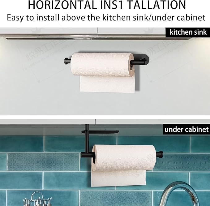 Paper Towel Holders,Paper Towels Rolls,Paper Bulk- Self-Adhesive Under Cabinet Wall Mount Countertop,Both Available in Adhesive and Screws,for Kitchen, Pantry, Sink, Bathroom，Stainless Steel-Black