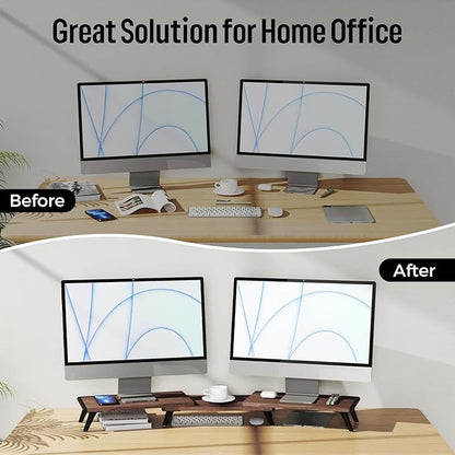 loukin Dual Monitor Stand Riser for Desk, 43.6"*8.2"*3.2" Large Computer Stand for 2 Monitors, Laptop, Printer, Length and Angle Adjustable Computer Shelf, Home Office,Max 43.6" Length(Brown)