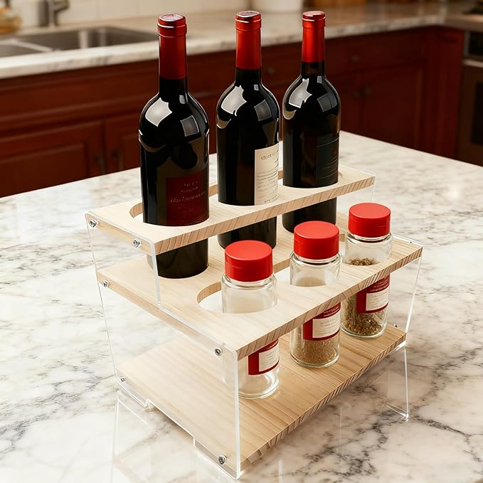 itechpanda Acrylic Tiered Spice Rack Organizer Vertical Wood Wine Bottle Holder Stand Seasoning Organizer Clear Spice Coffee Syrup Organizer Shelf Tiered Pantry Shelves for Cabinet Kitchen Countertop