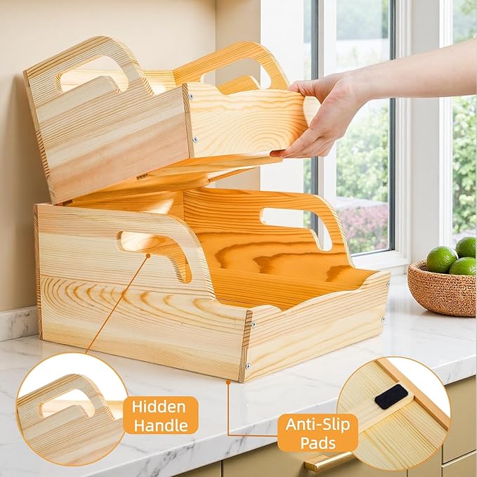 Wood Potato Onion Storage Bin, Stackable Pantry Organizer, Open Front Kitchen Produce Storage with Anti-slip Mat, 3 Tier Countertop Snack Food Container for Fruit Vegetable Bread, Set of 3