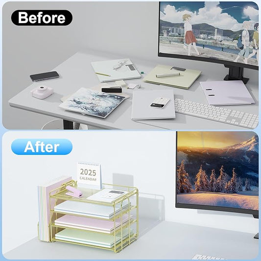 Spacrea Desk Organizers and Accessories, Paper Organizer for Desk with File organizer, Desk Accessories & Workspace Organizers for Office Supplies (Gold)