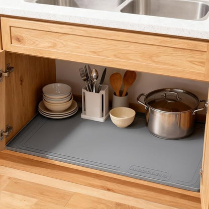Aisslro Under Sink Mat 28" X 19", Waterproof Silicone Under Sink Mats for Kitchen, Anti-Leak Shelf Liner & Cabinet Protector with Raised Edge, [BPA Free] Bathroom Tray Home Organizer, Dark Gray