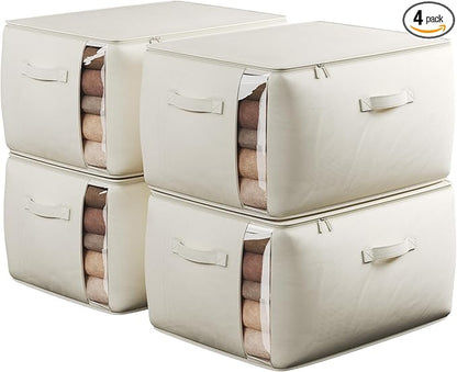 TomVista Large Canvas Clothes Storage Bags with Thick Handles and Clear Window, Foldable Cotton Linen Underbed Closet Organizer for Clothing, Blankets and Bedding, 60L, 4 Pack, Beige